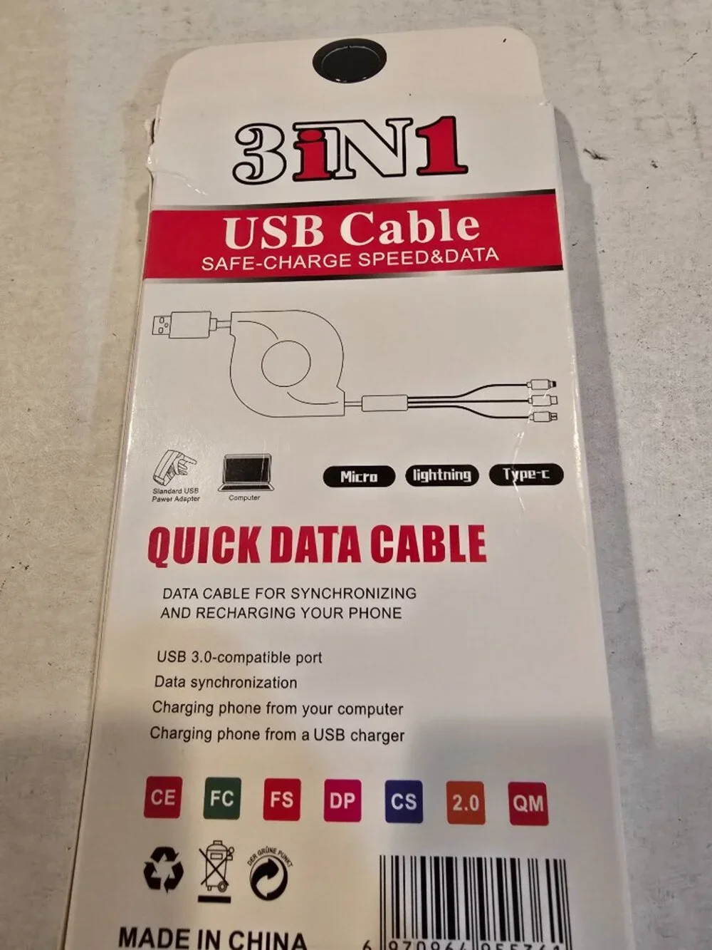 Charging Cord 3-in-I Pink Quick Data Cable USB 3.0-compatible port NEW in Box